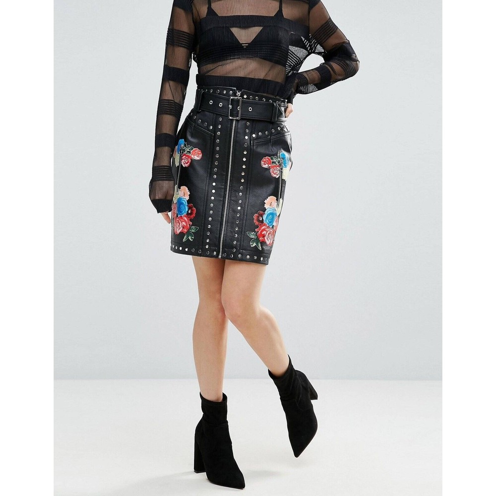 ASOS ( REVOLVE) GENUINE LEATHER MINI SKIRT WITH PAINT AND STUDDED DETAIL..Size 4